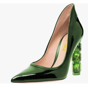 FSJ Green Pointed Toe Slip On Crystal Gorgeous Three Diamonds High Heel Pumps
